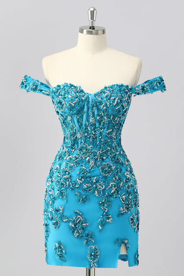 Off The Shoulder Blue Beaded Corset Bodycon Cocktail Dress with Appliques
